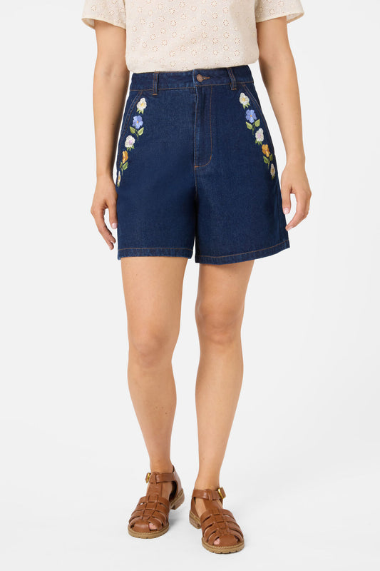 Princess Highway - Blooms Embroidered Short - blue-denim