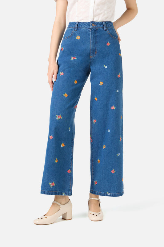 Princess Highway - Floral Embroidered Denim Jeans - blue-denim