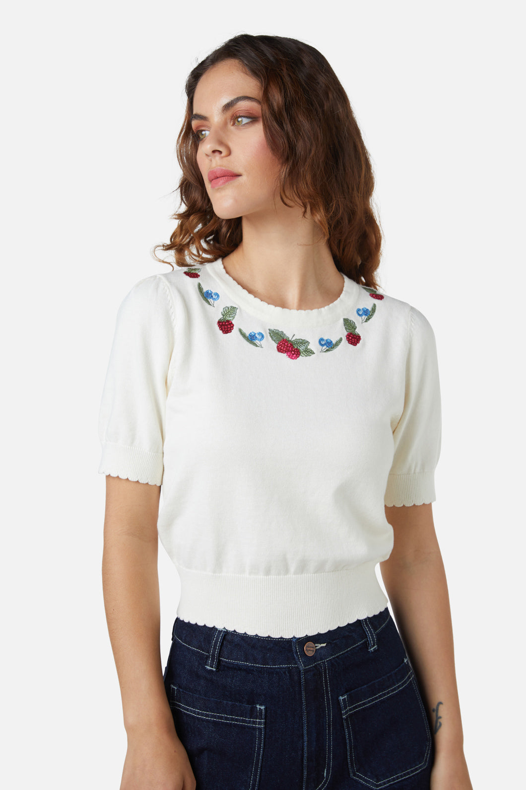Princess Highway - Berry Sweet Emb Knit Top - cream