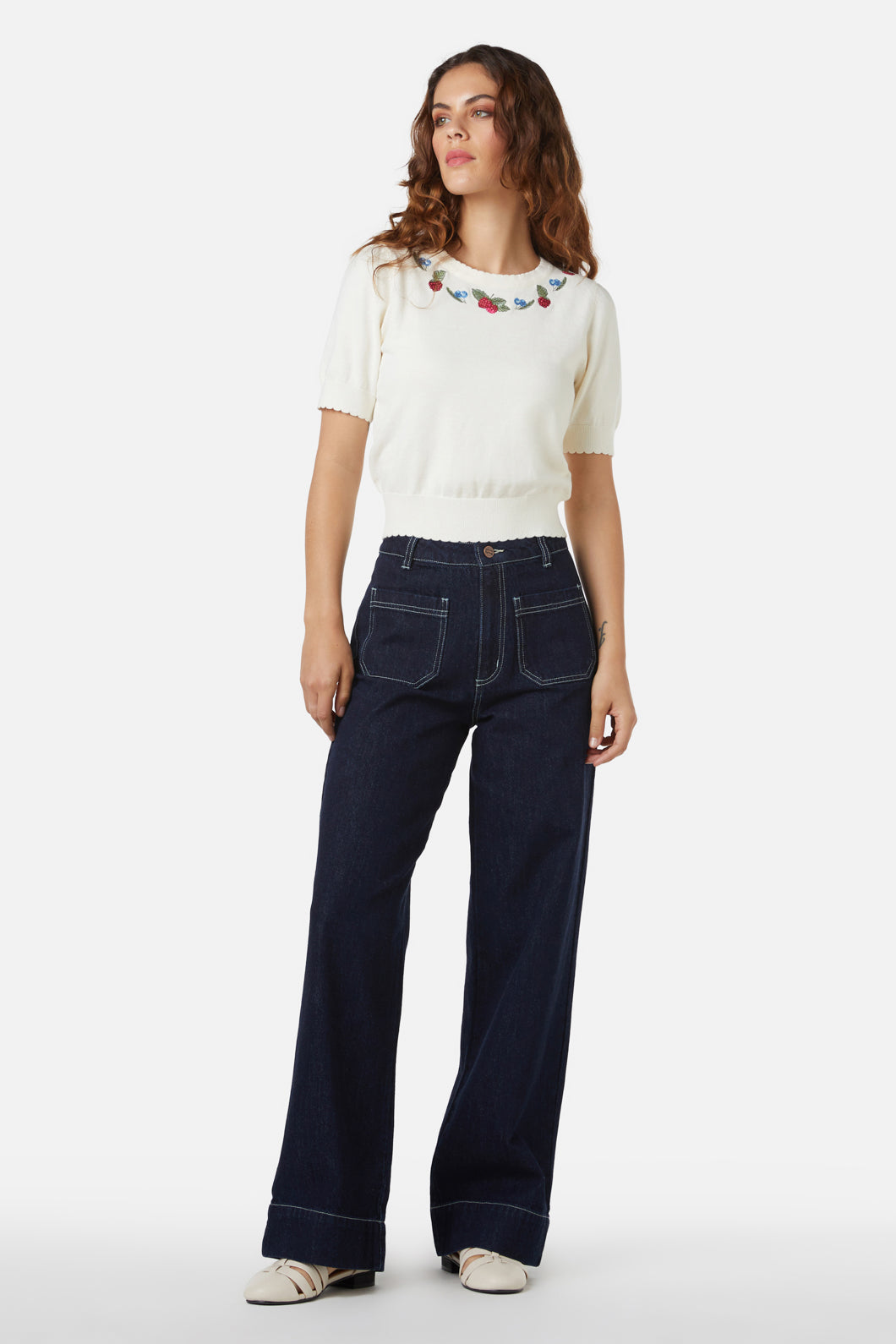 Princess Highway - Berry Sweet Emb Knit Top - cream