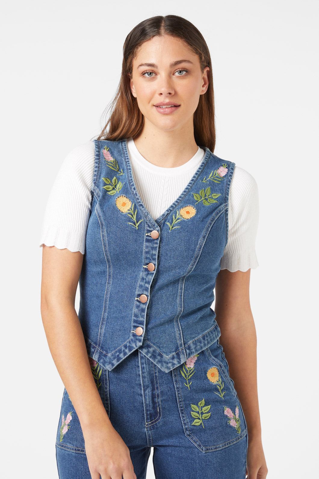 Princess Highway - Flower Mix Emb Vest - mid-denim
