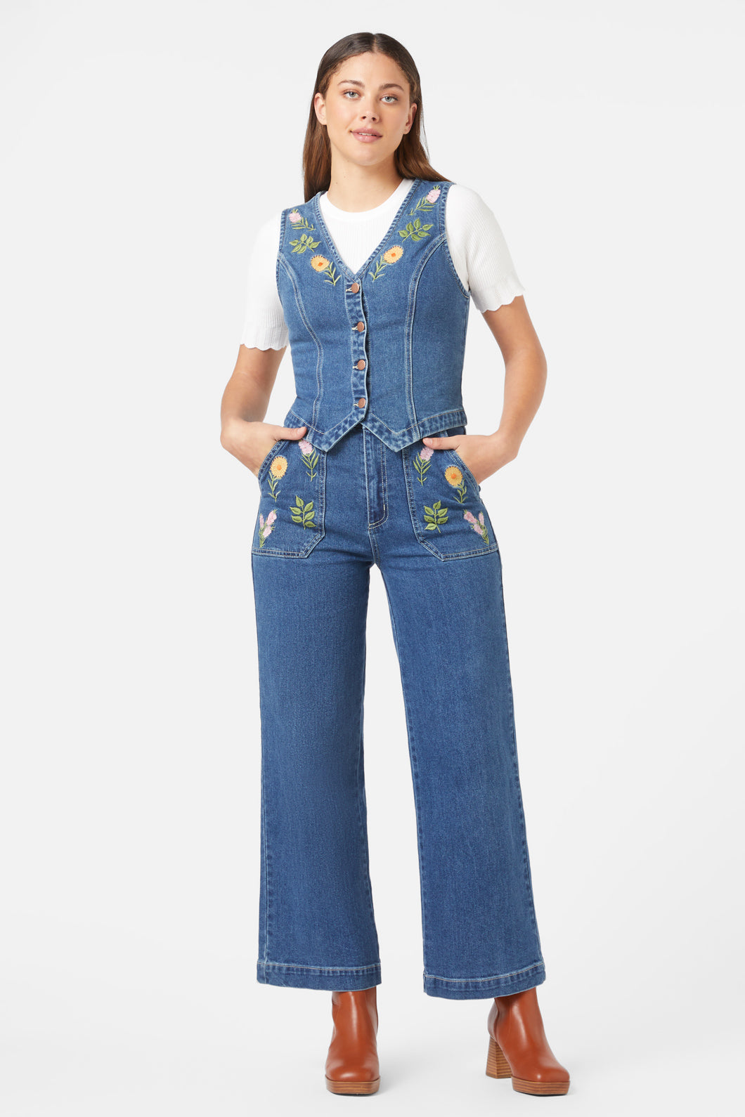 Princess Highway - Flower Mix Emb Vest - mid-denim