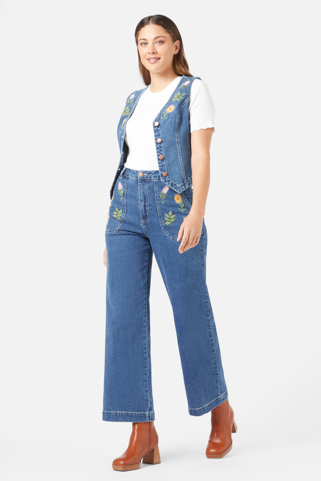 Princess Highway - Flower Mix Emb Vest - mid-denim