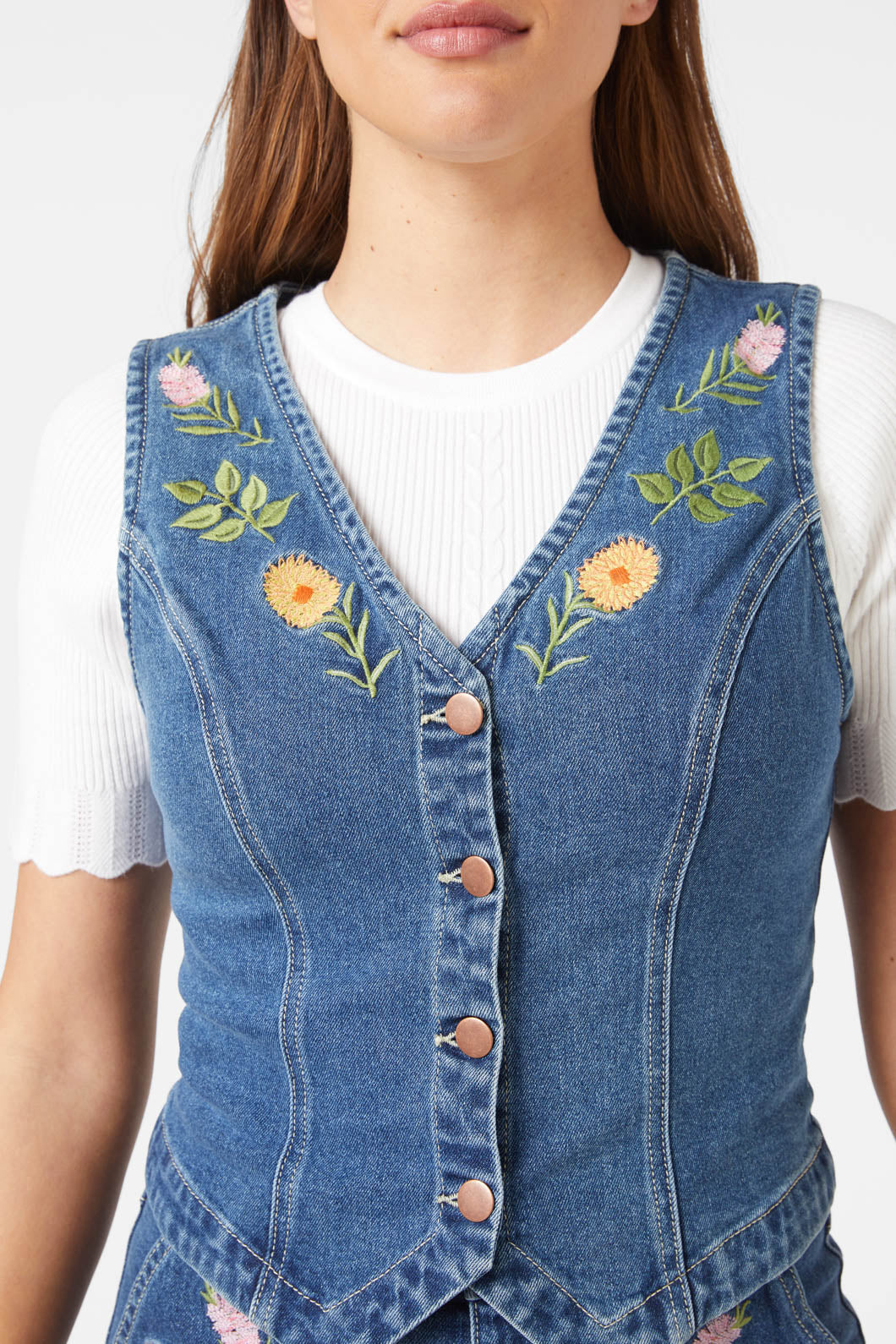 Princess Highway - Flower Mix Emb Vest - mid-denim