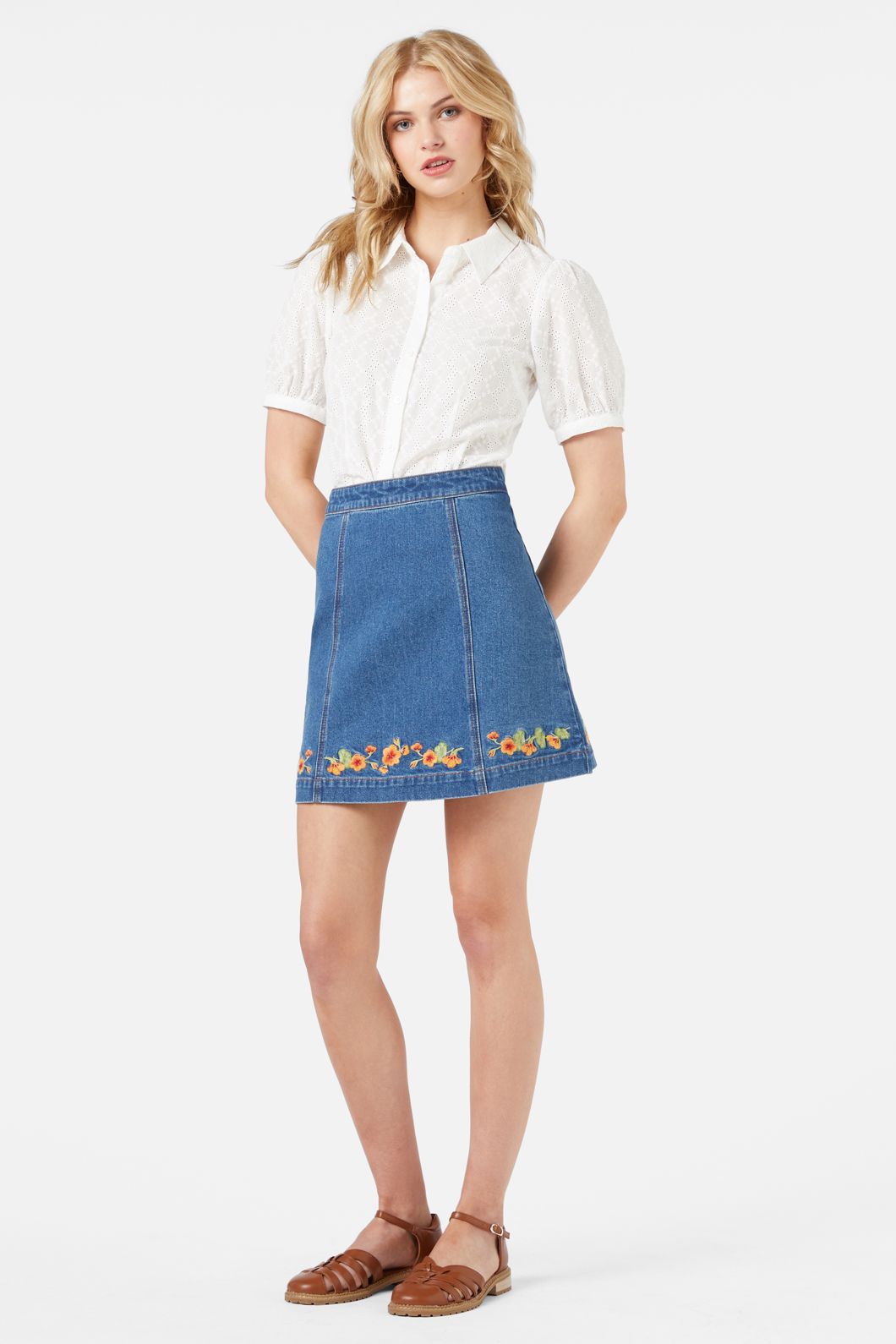 Princess Highway - Emb Nasturtium Mini Skirt - mid-denim