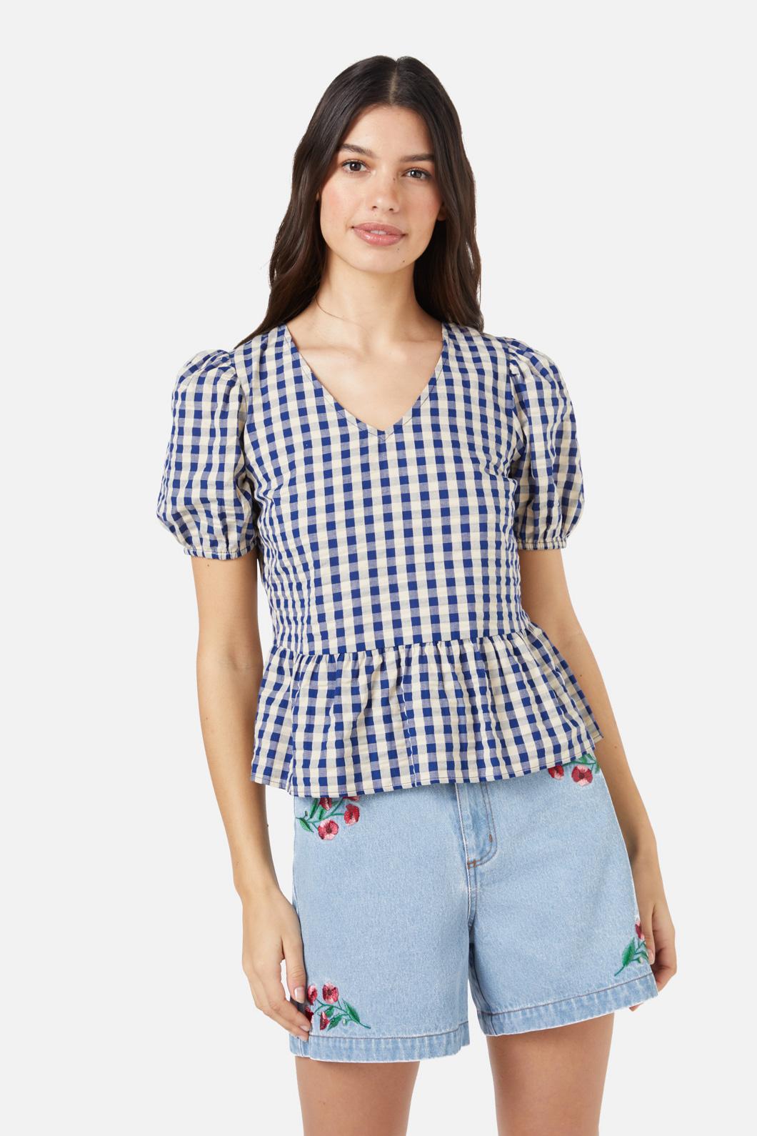 Princess Highway - Greta Check Ruffle Top - navy