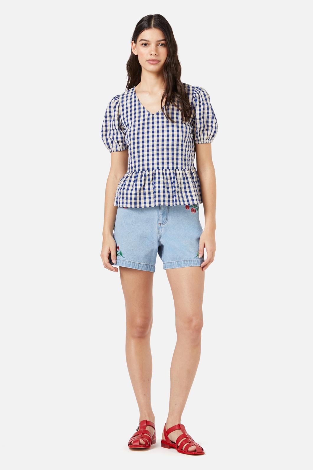 Princess Highway - Greta Check Ruffle Top - navy