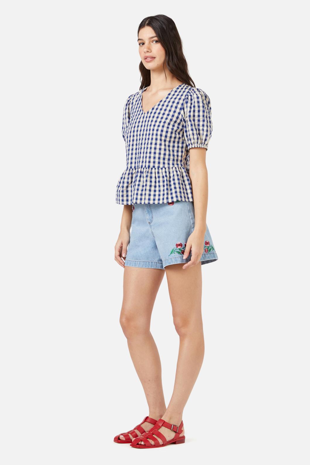Princess Highway - Greta Check Ruffle Top - navy