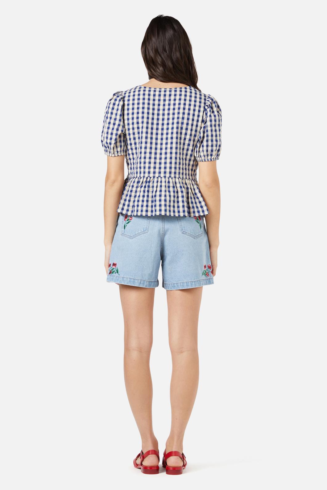 Princess Highway - Greta Check Ruffle Top - navy