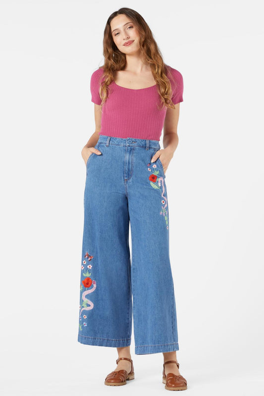 Princess Highway - Snake Embroidered Jean - blue-denim
