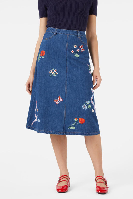 Princess Highway - Snake Embroidered Skirt - blue-denim
