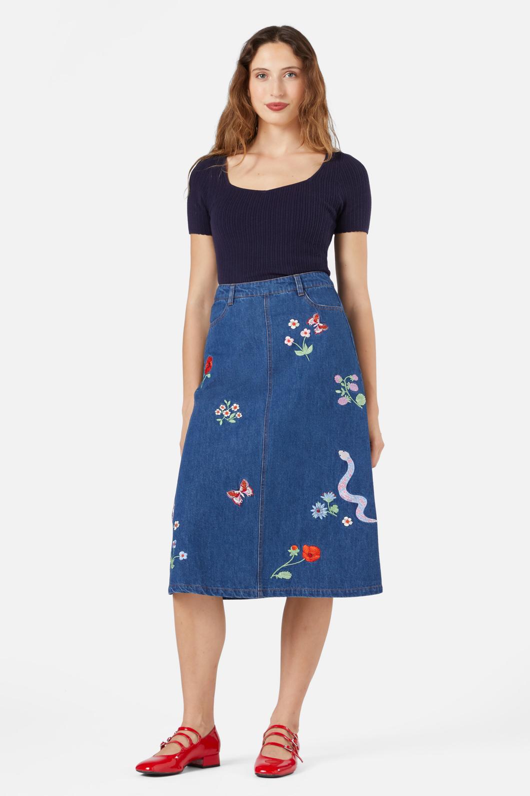 Princess Highway - Snake Embroidered Skirt - blue-denim