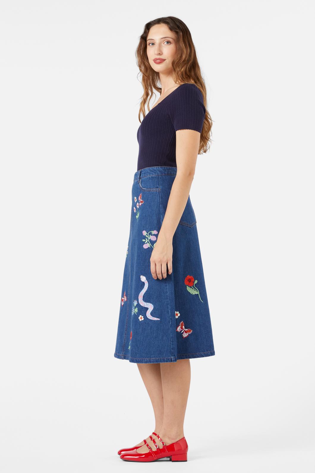 Princess Highway - Snake Embroidered Skirt - blue-denim