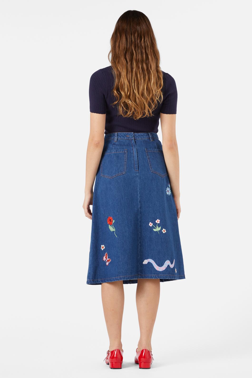 Princess Highway - Snake Embroidered Skirt - blue-denim