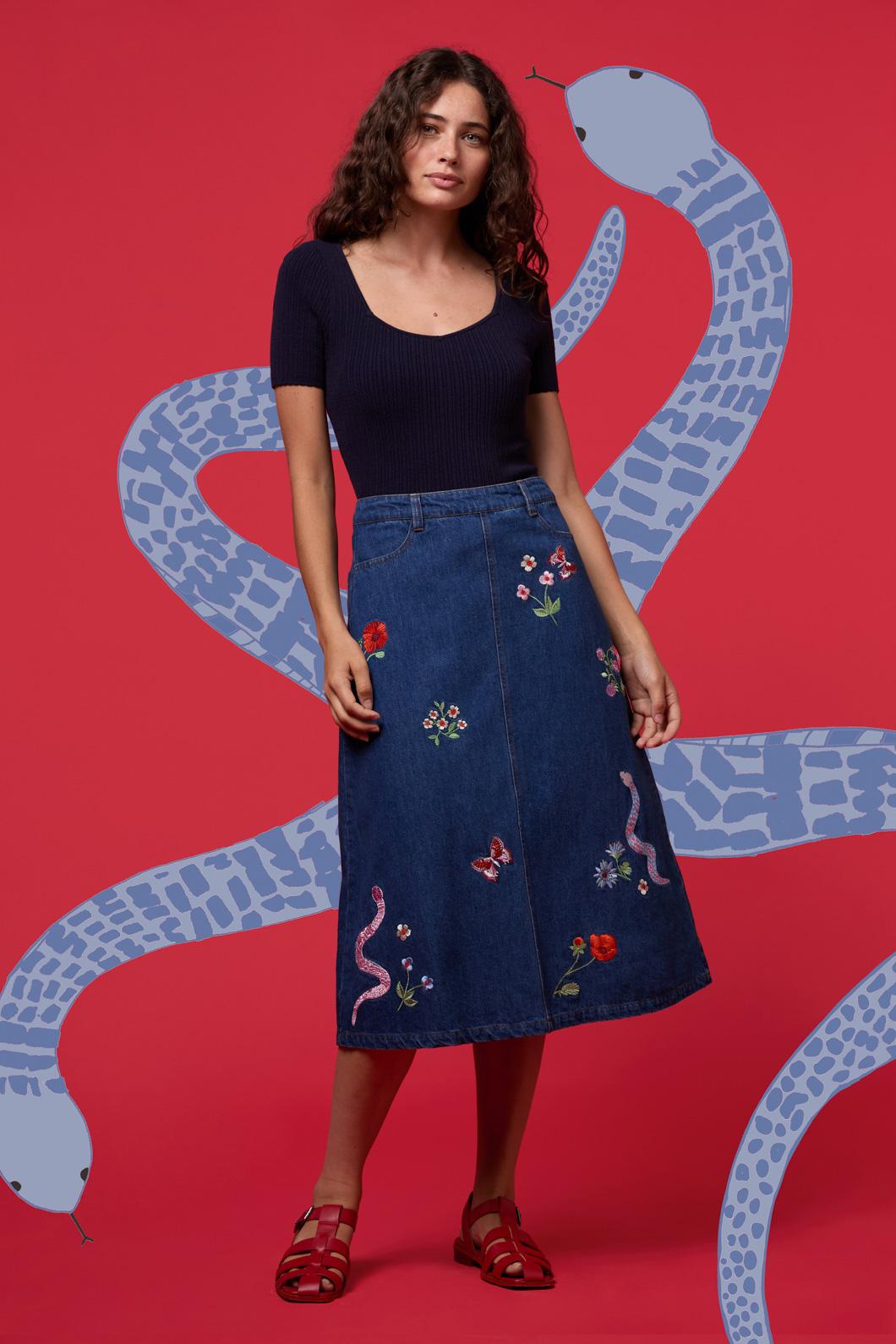 Princess Highway - Snake Embroidered Skirt - blue-denim