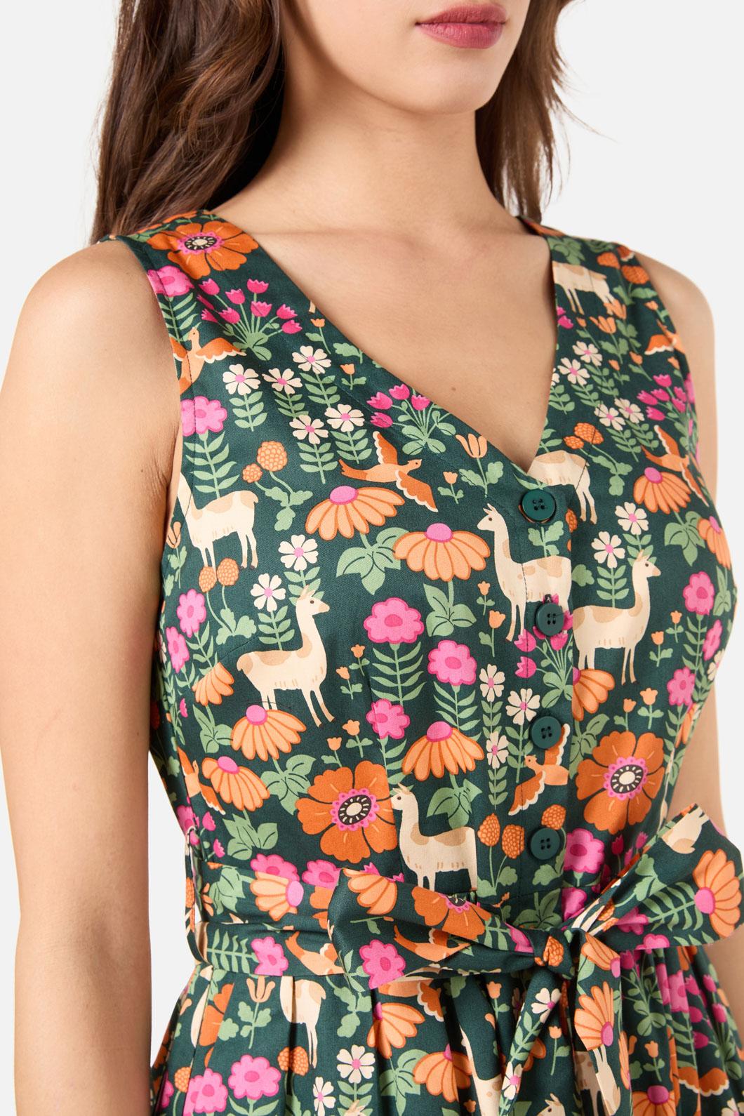 Princess Highway - Llama V Neck Sleeveless Dress - green