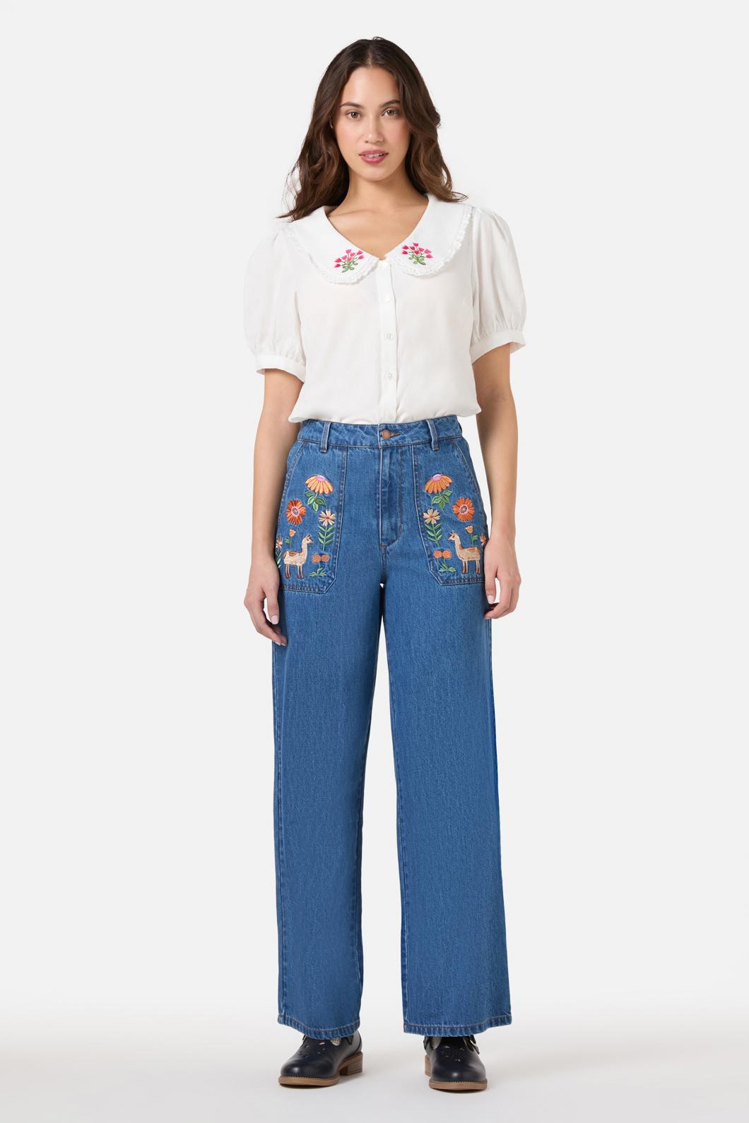 Princess Highway - Llama Embroidered Denim Jean - blue-denim