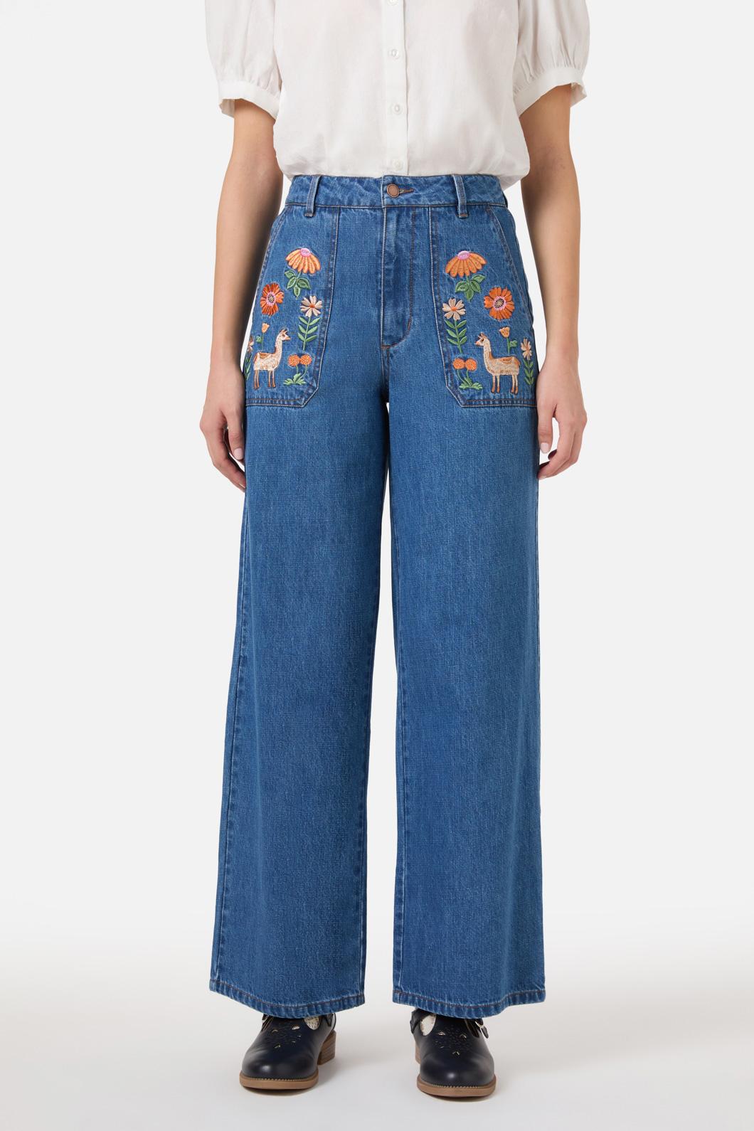 Princess Highway - Llama Embroidered Denim Jean - blue-denim