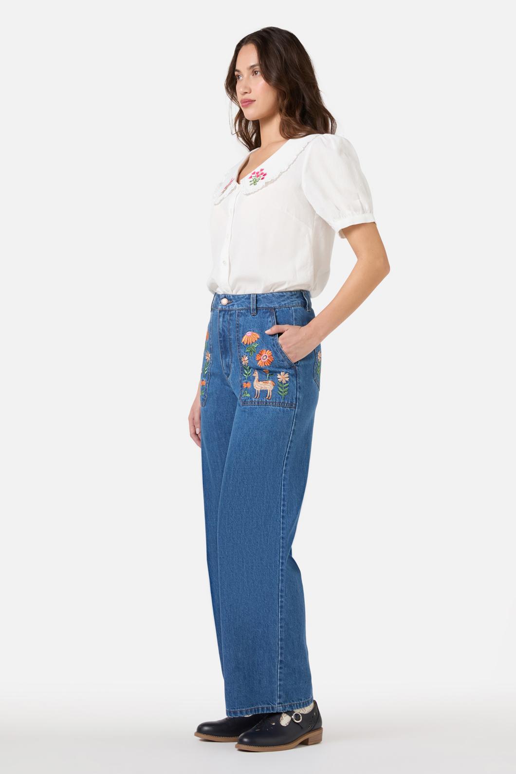 Princess Highway - Llama Embroidered Denim Jean - blue-denim