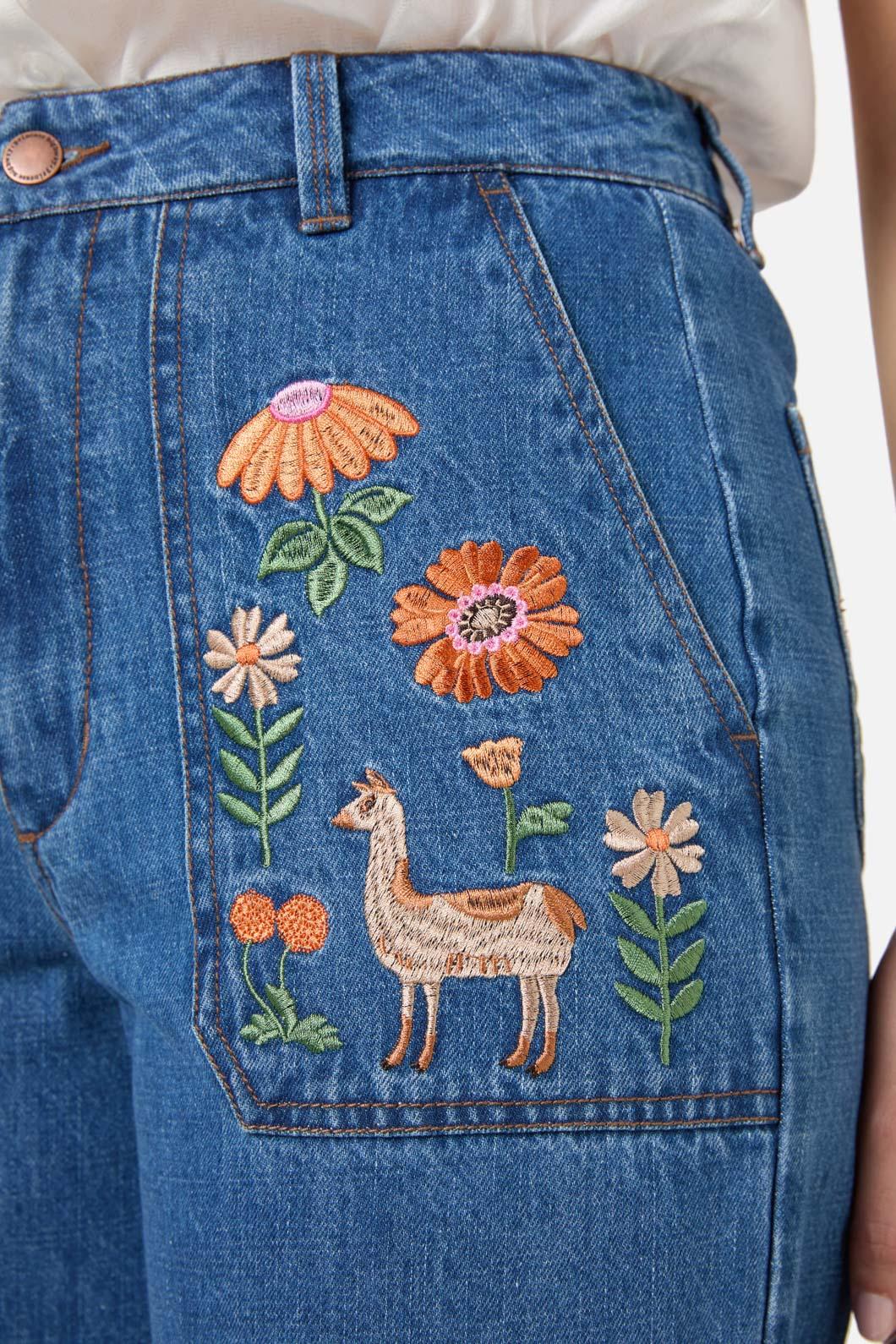 Princess Highway - Llama Embroidered Denim Jean - blue-denim