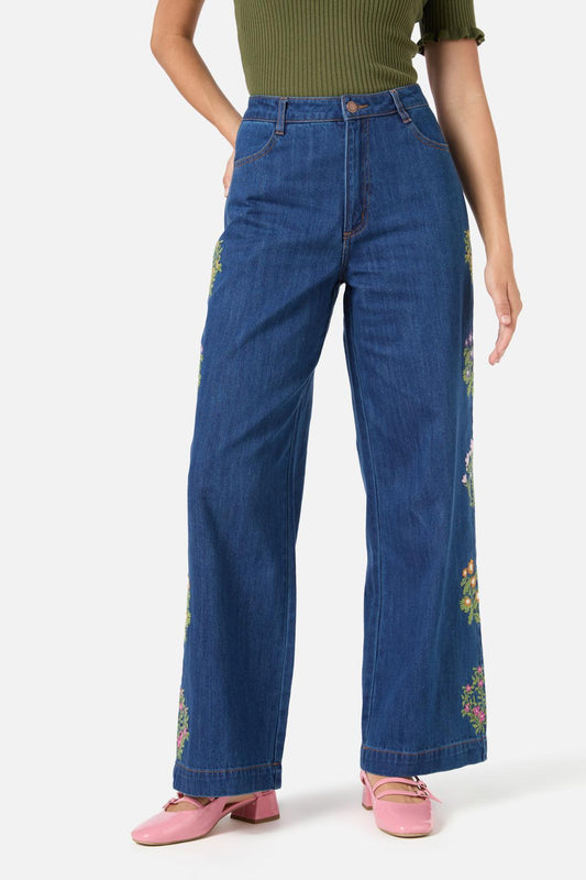 Princess Highway - Lattice Flower Emb Jean - blue-denim
