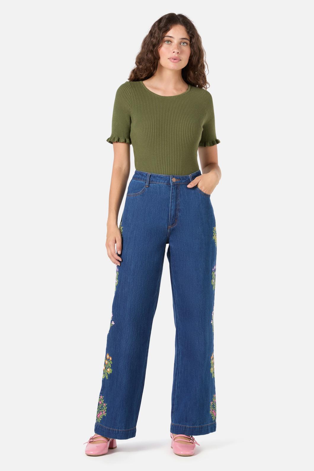 Princess Highway - Lattice Flower Emb Jean - blue-denim