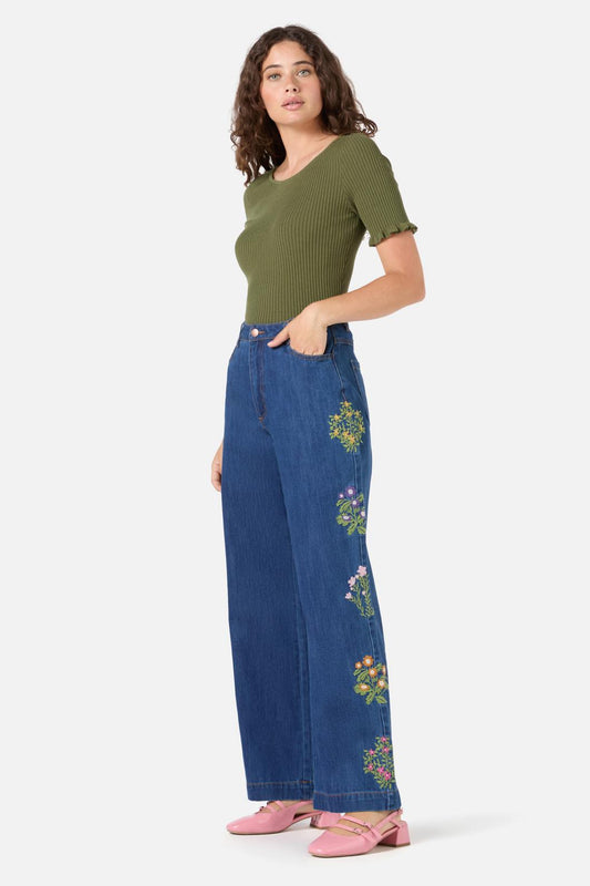 Princess Highway - Lattice Flower Emb Jean - blue-denim