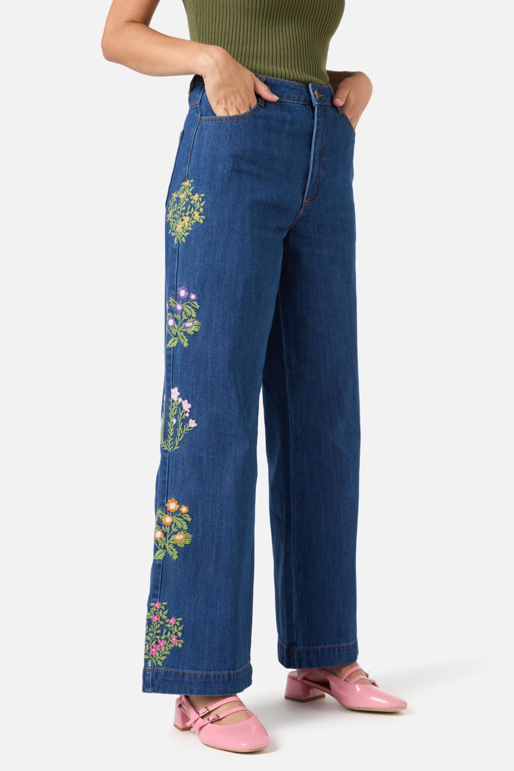 Princess Highway - Lattice Flower Emb Jean - blue-denim