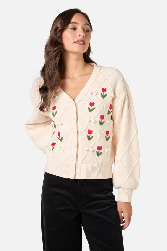 Princess Highway - Tulip Embroidered Cardigan - cream