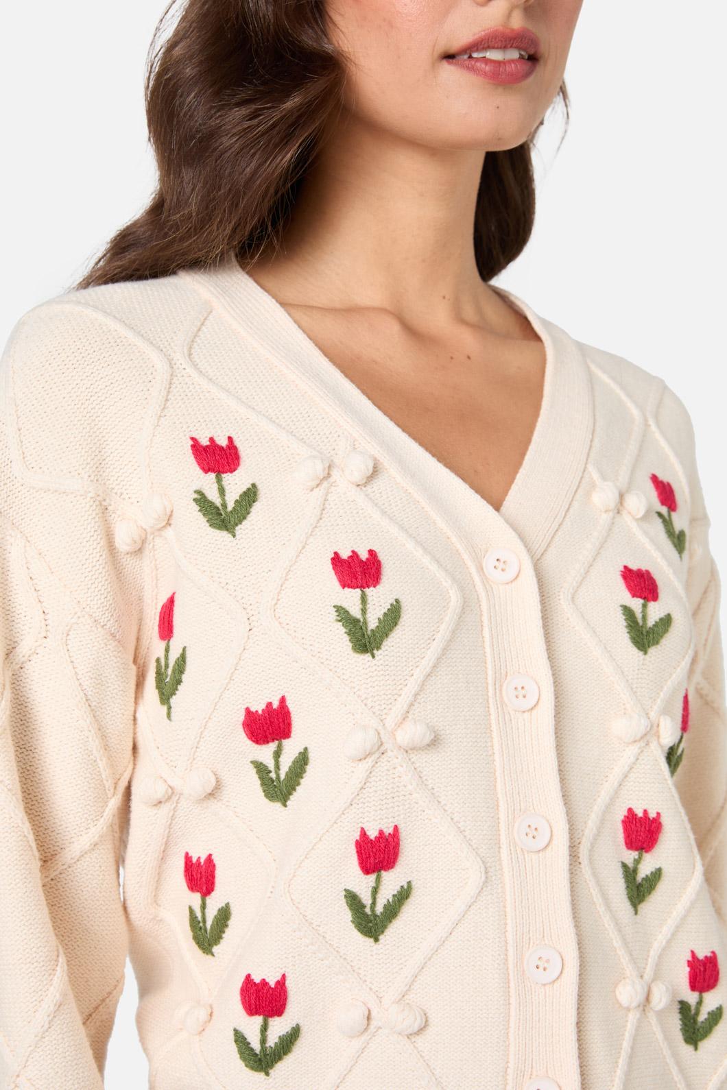 Princess Highway - Tulip Embroidered Cardigan - cream