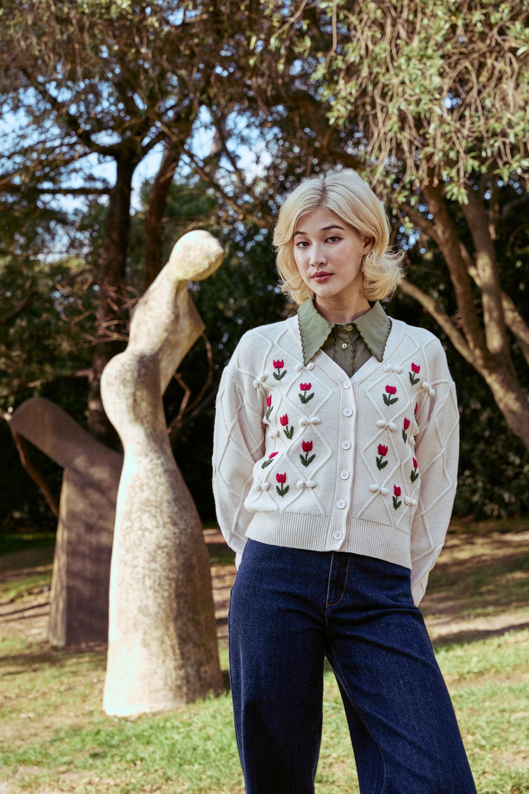 Princess Highway - Tulip Embroidered Cardigan - cream