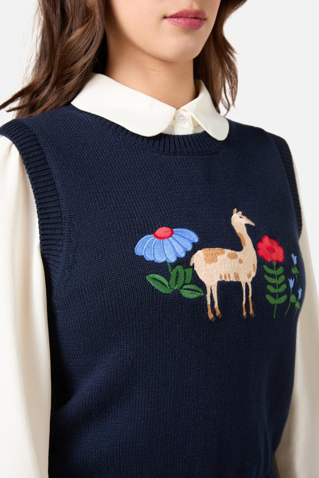 Princess Highway - Llama Embroidered Knit Vest - navy