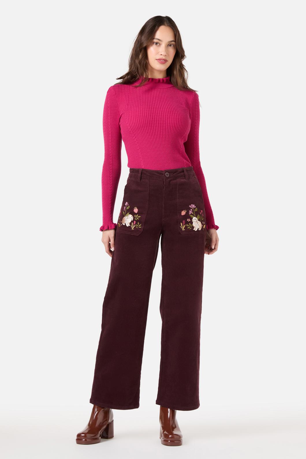 Princess Highway - Rabbit Embroidered Cord Jean - burgundy