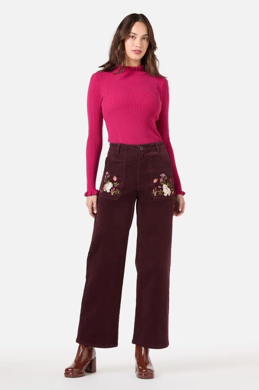 Princess Highway - Rabbit Embroidered Cord Jean - burgundy