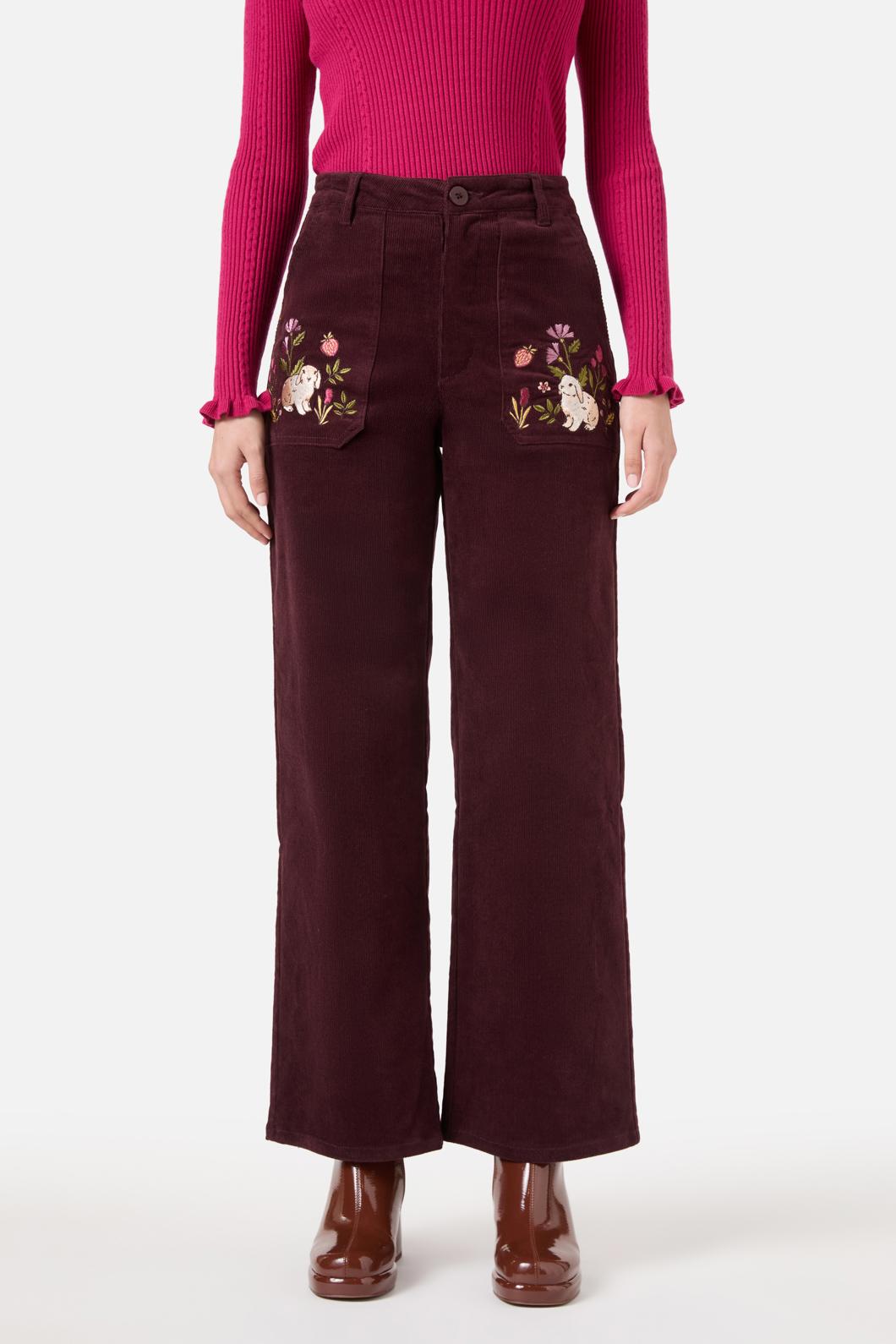 Princess Highway - Rabbit Embroidered Cord Jean - burgundy