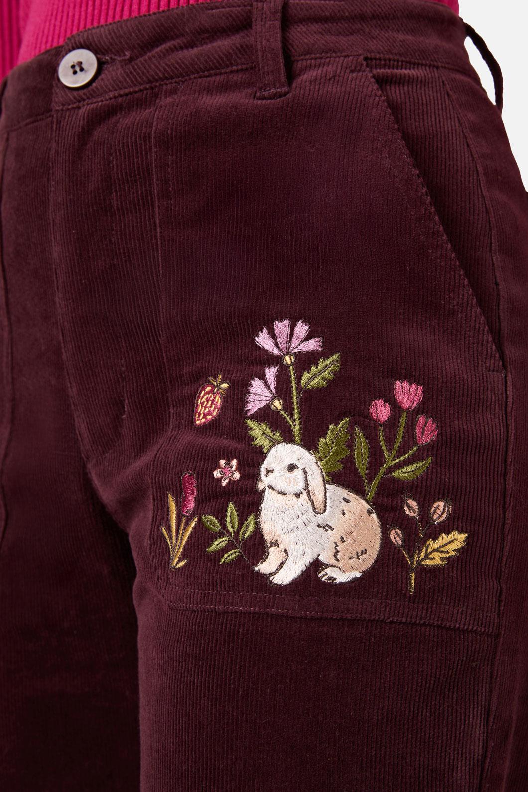 Princess Highway - Rabbit Embroidered Cord Jean - burgundy