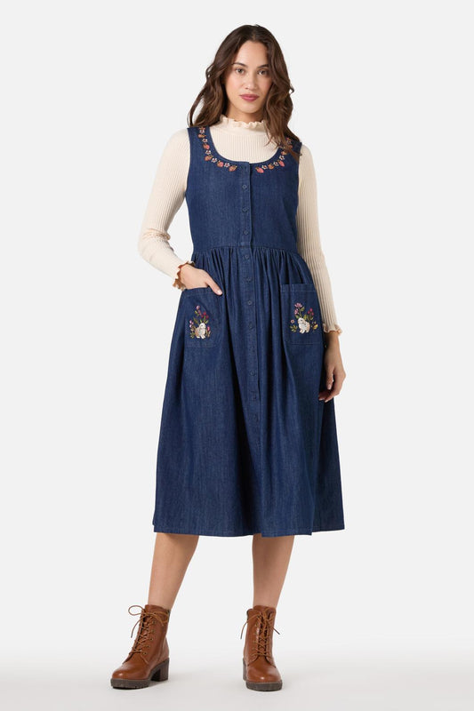 Princess Highway - Rabbit Embroidered Denim Dress - blue-denim