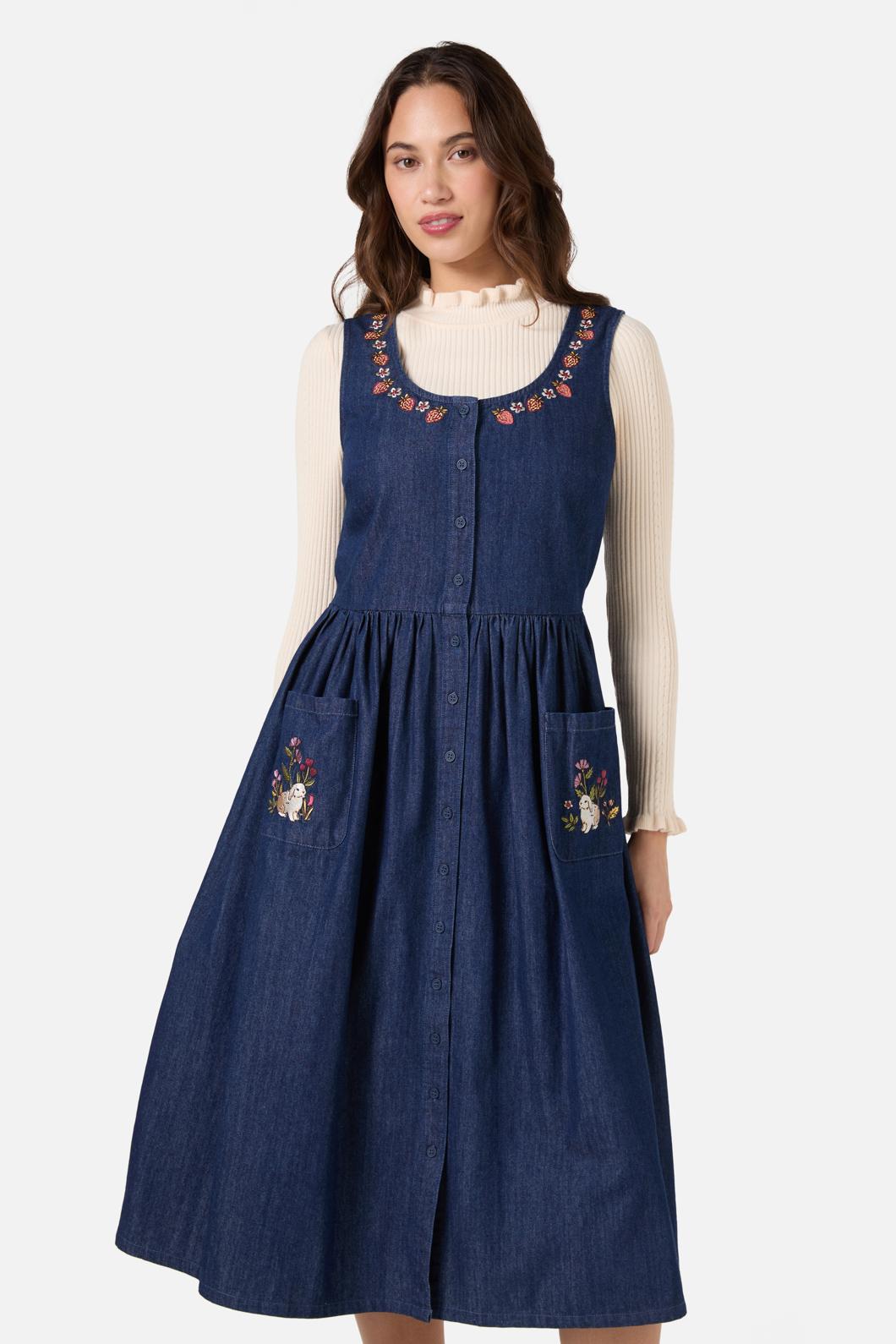 Princess Highway - Rabbit Embroidered Denim Dress - blue-denim