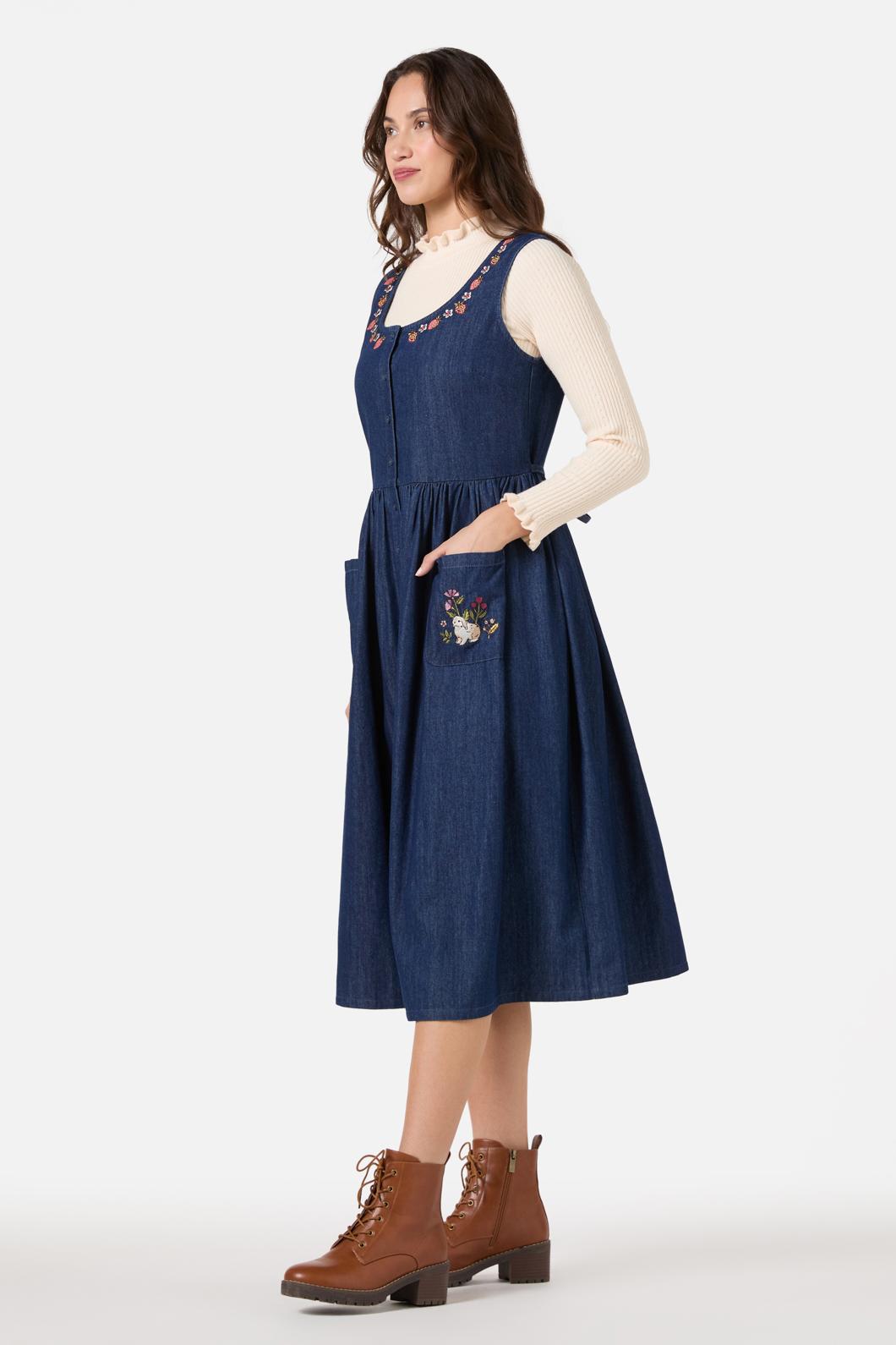 Princess Highway - Rabbit Embroidered Denim Dress - blue-denim