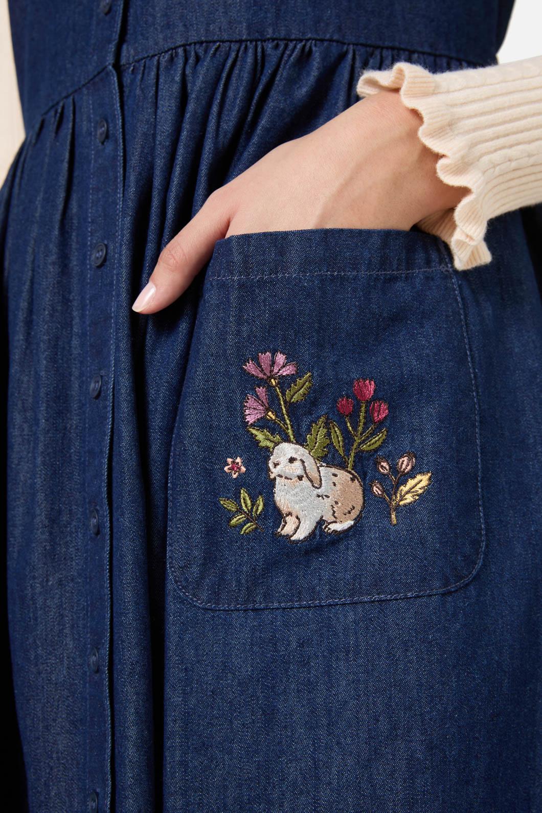 Princess Highway - Rabbit Embroidered Denim Dress - blue-denim