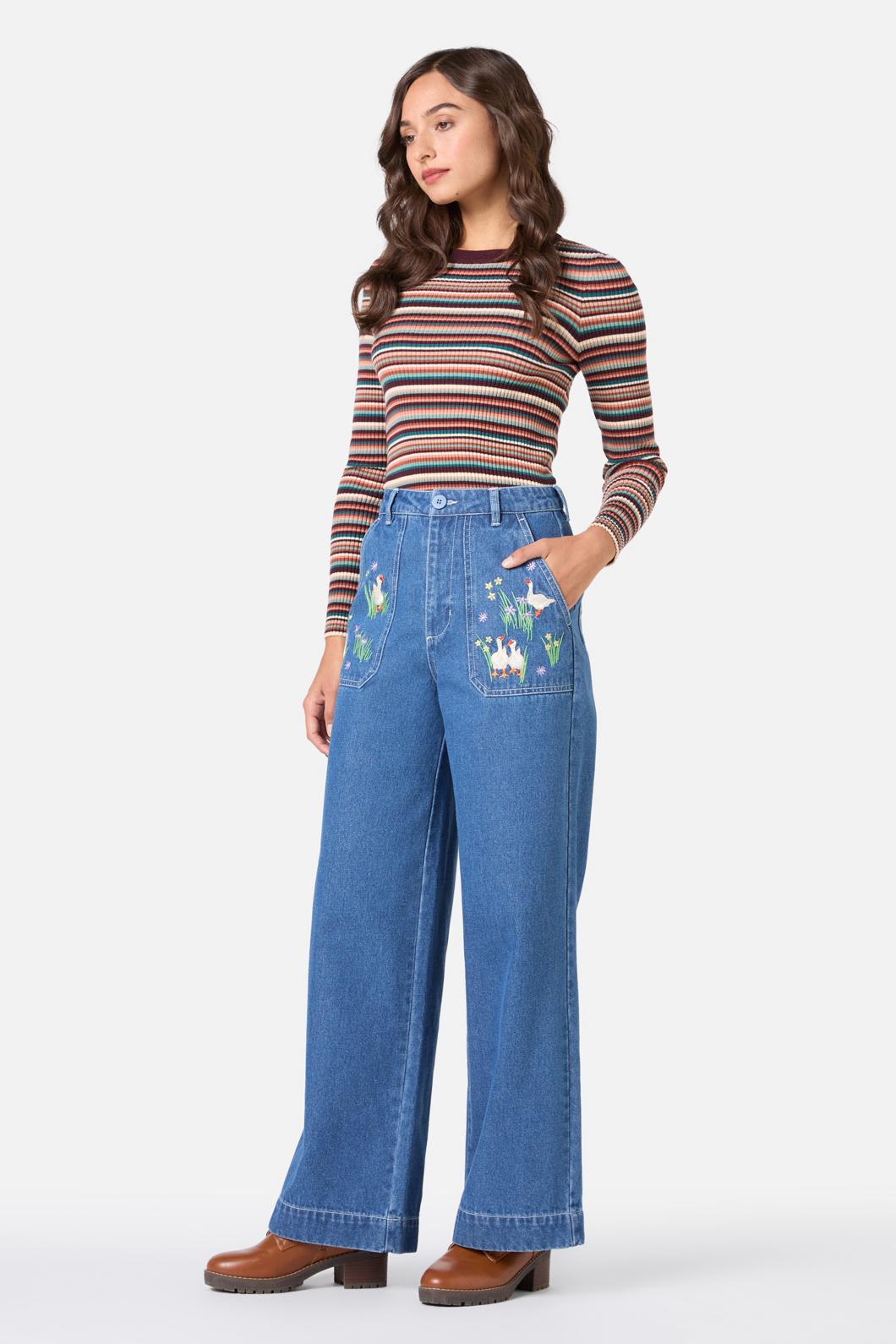 Princess Highway - Goose Embroidered Denim Jean - blue-denim