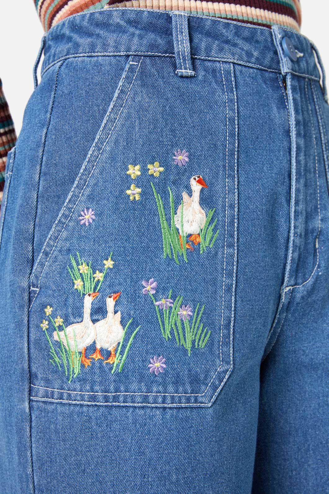 Princess Highway - Goose Embroidered Denim Jean - blue-denim