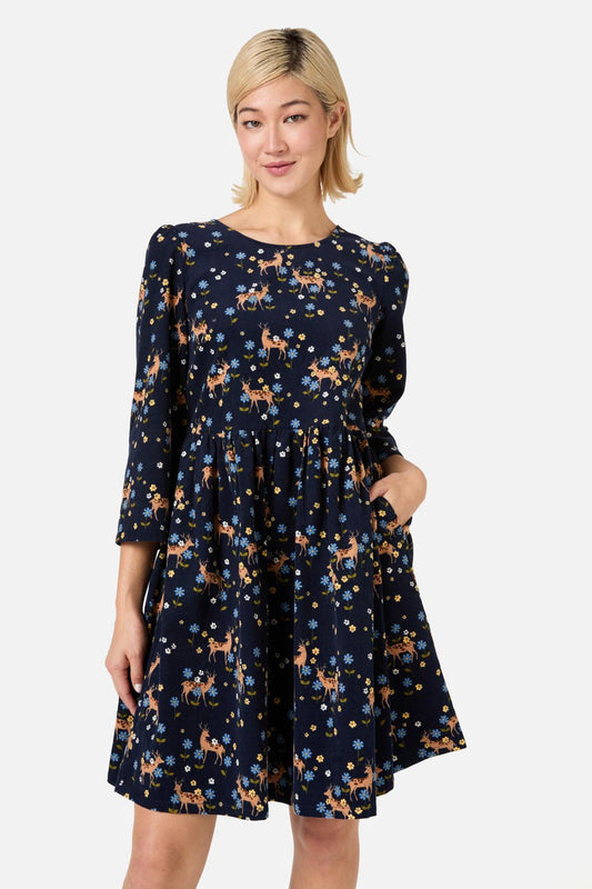 Princess Highway - Meadow Deer Cord Sleeved Dress - navy