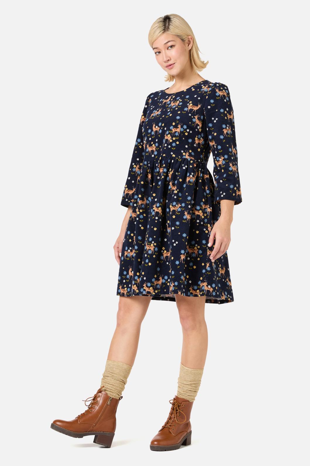 Princess Highway - Meadow Deer Cord Sleeved Dress - navy