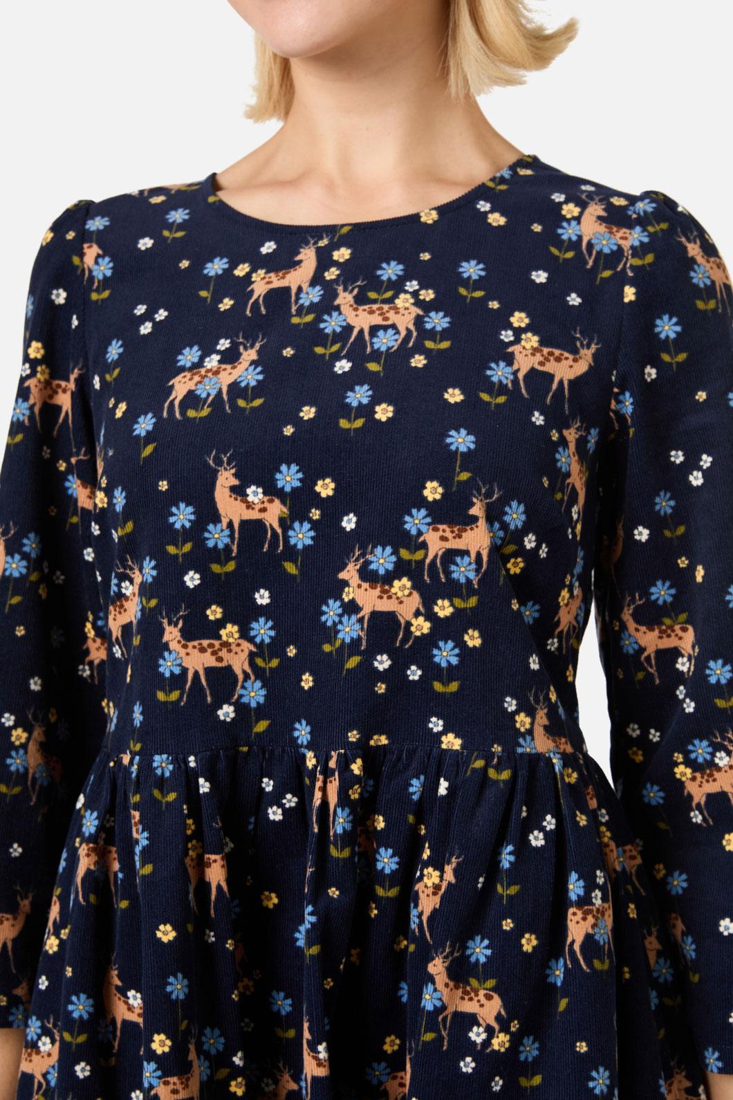 Princess Highway - Meadow Deer Cord Sleeved Dress - navy