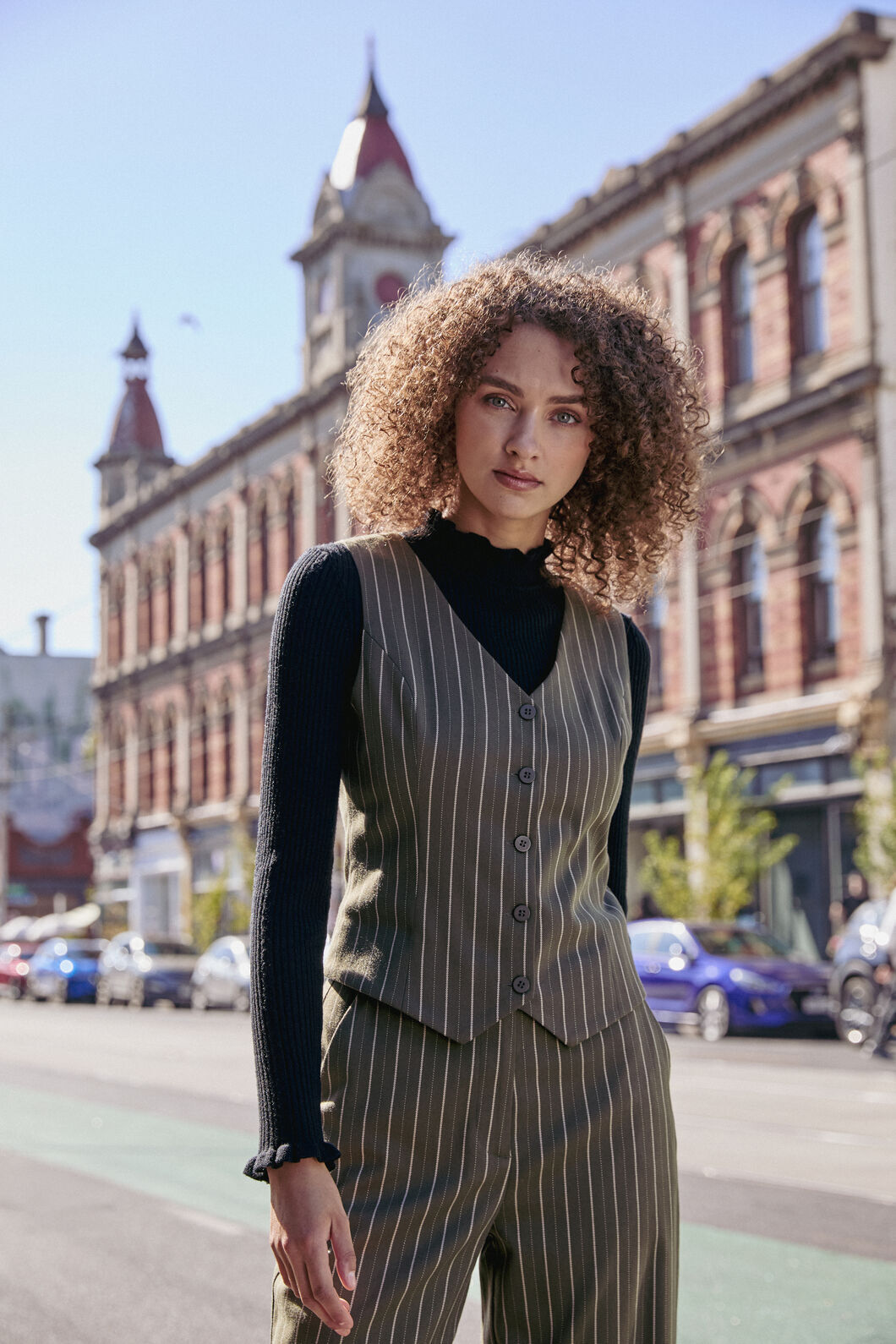 Princess Highway - Abby Pinstripe V-Neck Vest - olive