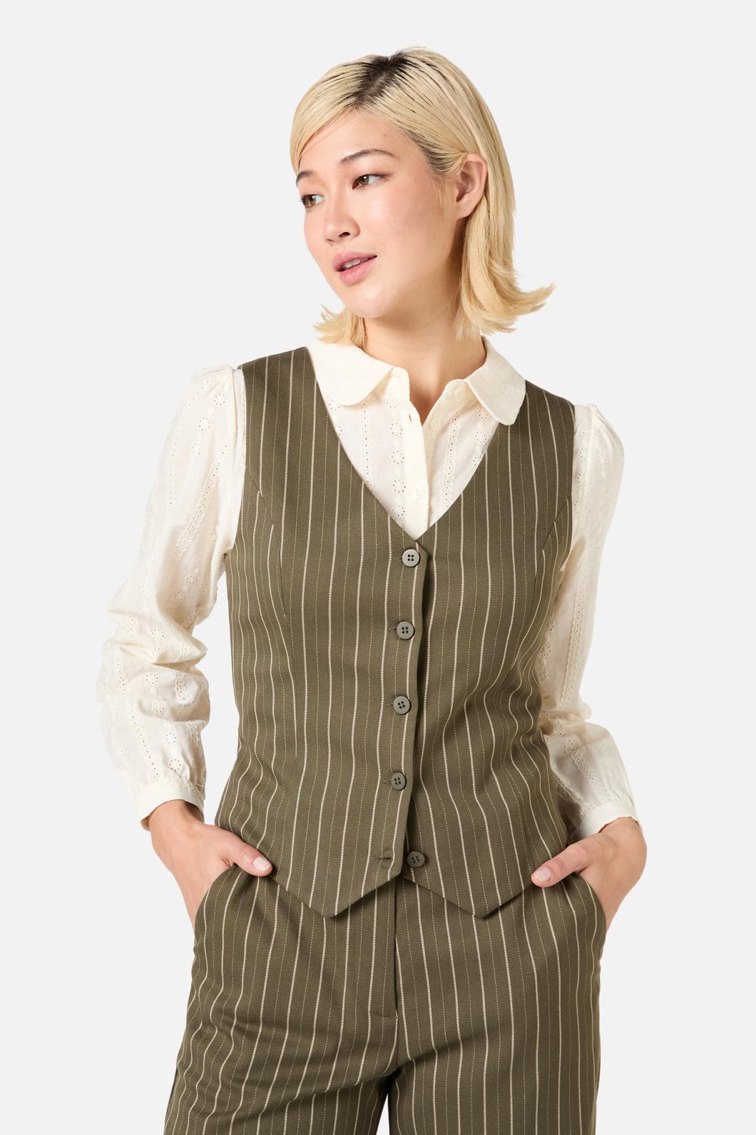 Princess Highway - Abby Pinstripe V-Neck Vest - olive