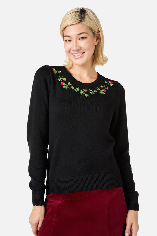 Princess Highway - Rose Bud Embroidered Jumper - black