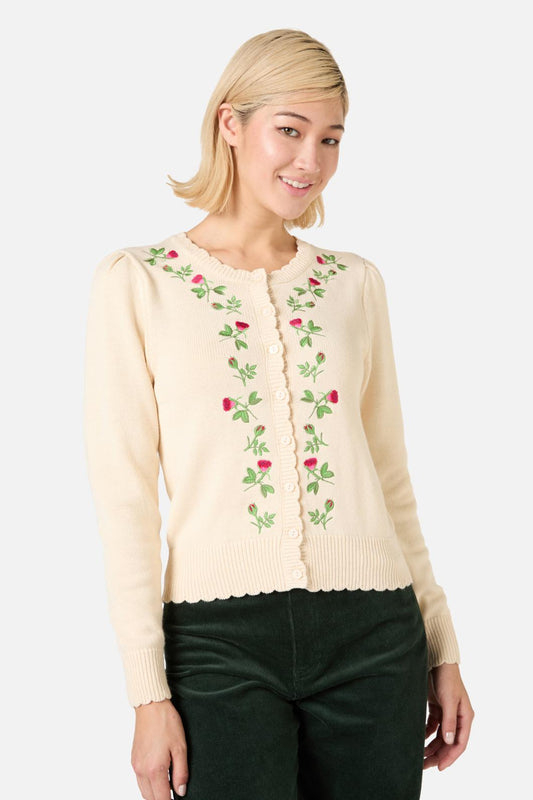 Princess Highway - Rose Bud Embroidered Cardigan - cream