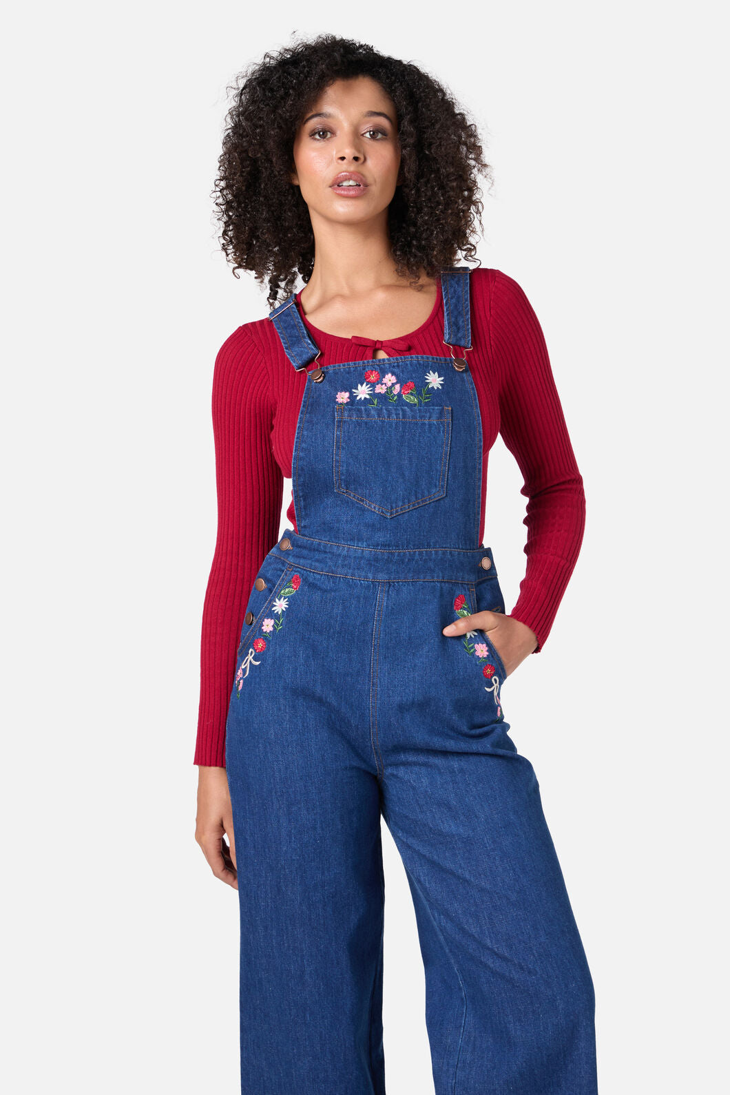 Princess Highway - Flower Bow Embroidered Overall - blue-denim